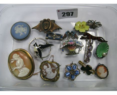 Hjaltasteyn Scottish Silver Brooch, cameos, Wedgwood Jasperware, enamel shell brooch stamped "Sterling Silver", enamel tiger 