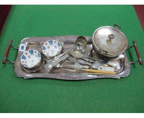 A Pair of Crescent China Salts, on plated stands, hallmarked silver mother of pearl handled paper knife and pickle fork and d