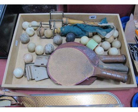 Vintage Slazenger Table Tennis Set, with net; plus three vintage square mesh golf balls including Dunlop and Silver King.