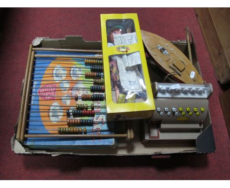 Pelham Puppet 'Witch', 'Flower Design' boxed child's teaset, abacus, yacht, Casdon luxury toy shop till.