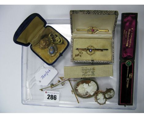 A Collection of XIX Century and Later Brooches, including cameo, bar brooches, enamel highlighted, collet set, etc.