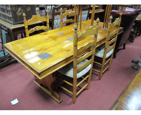 A XX Century Pine Rectory Table, with a rectangular top, on trestle supports; together with a four step ladder.