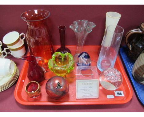 A Caithness 'Silver Rain' and Phoenician Paperweights, Uranium glass bowl, Caithness Fuchsia vase, etc:- One Tray