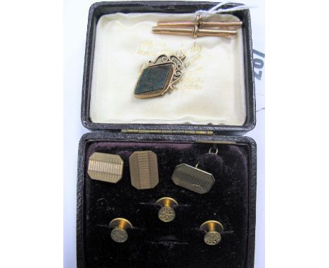 A Pair of Gent's Engine Turned Cufflinks, two 9ct gold T-bar pendants, hardstone inset swivel pendant, etc.