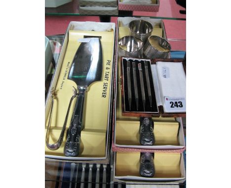 A Set of Four Bridge Pencils, (enamel worn), stamped "Sterling", boxed cake slices, hallmarked silver and other napkin rings,