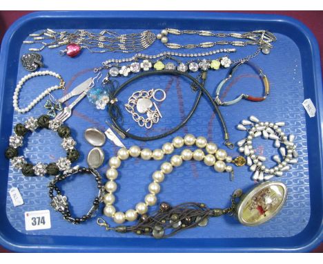 A Flapper Style Vintage Necklace, a multi coloured jade bracelet, stamped "925", novelty knife and fork earrings, oval clip e