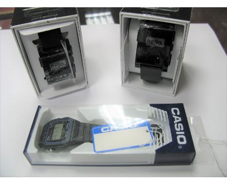 Two Pebble 'Two Forty Five' Smart Watches, in original boxes; together with a Casio digital gent's wristwatch. (3)