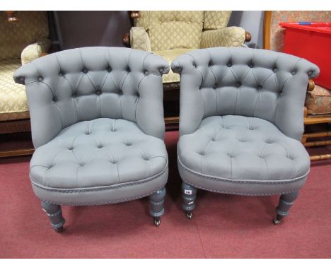 A Pair of XIX Century Style Bedroom Chairs, in a grey button back fabric with stud decoration on painted turned forefront leg