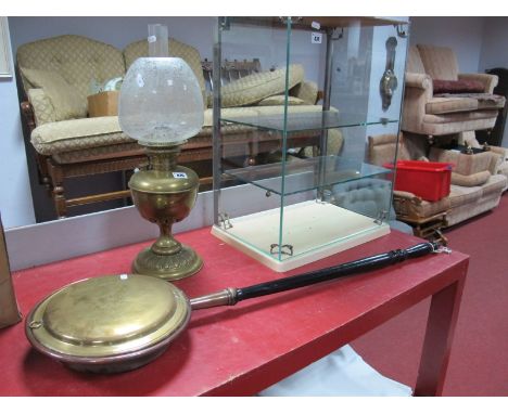 A XIX Century Weighted Brass Oil Lamp, with etched glass shade; copper and brass warming pan. (2)