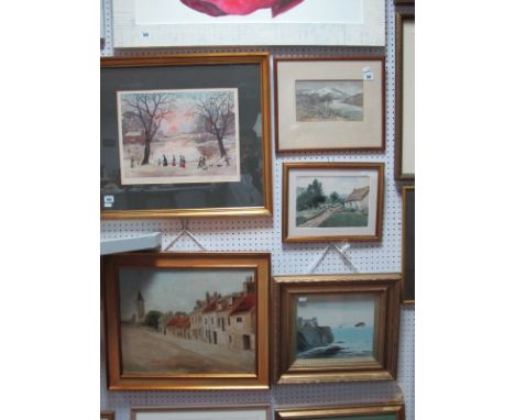 M. B. Barnard Mountain Landscape Watercolour, 13.5 x 22.5cm, signed lower left. Similar cottage scene, two unsigned oils.