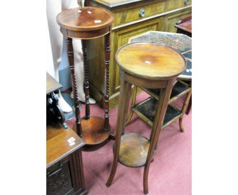 An Early XX Century Mahogany Jardiniere Stand, with circular top, under shelf together with a later jardiniere with barley tw