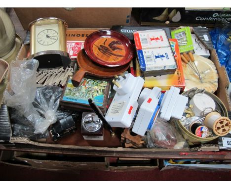 Buttons, cotton thread, domino sets, playing cards, mantel clock, etc:- One Box