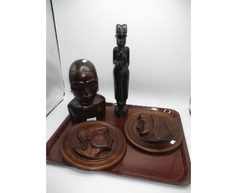 African Carved Wood Bust and Figure along with a Pair of Carved Wood Portrait Plaques