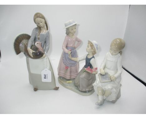 Lladro Girl with Turkey, 16cm, along with 2 Nao Figures