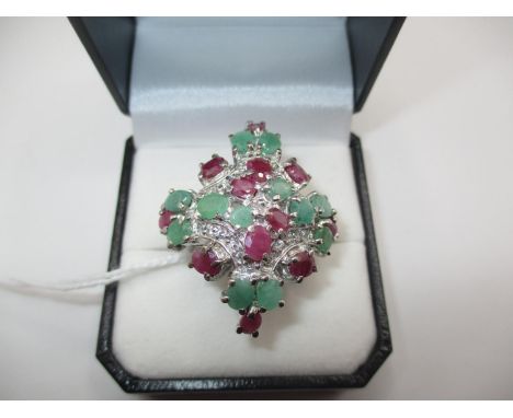 Silver Ruby and Emerald Large Cluster Ring, Size R