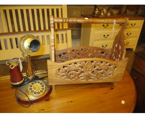 Vintage Style Candlestick Telephone and a Carved Wood Newspaper Rack