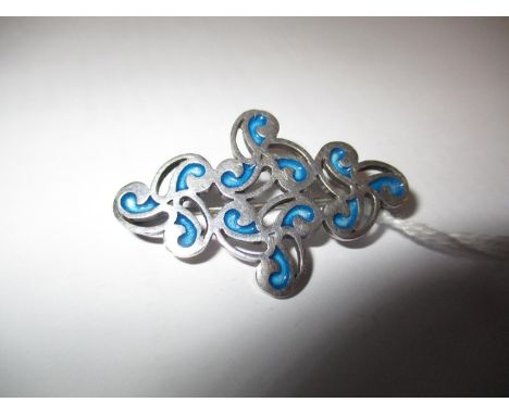 Ola Gorie, Scottish Silver and Enamel Brooch of Pierced Scroll Pattern Highlighted in Shades of Turquoise Enamel, Makers Mark