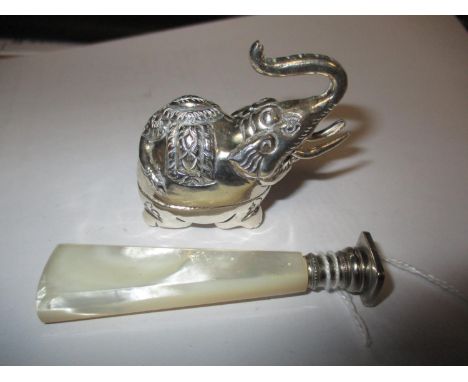 Indian Trinket Box and Cover Formed as an Elephant Stamped T90 along with a Desk Seal with Tapering Mother of Pearl handle (2