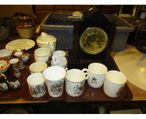 Victorian Mantel Clock and Royalty Mugs and Jug