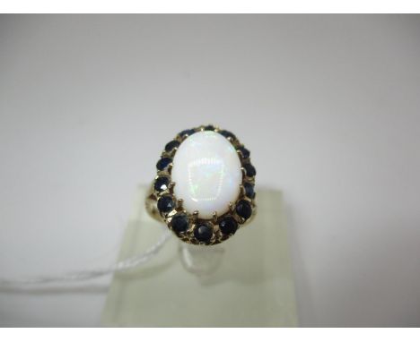 9ct Gold Opal and Sapphire Cluster Ring, 3.88g, Size M, Opal approx 14x10cm