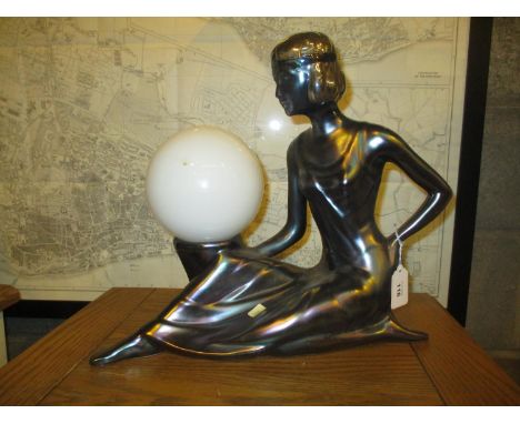 Art Deco Style Lustre Pottery Lady Figure Lamp with Glass Ball Shade, 34cm high