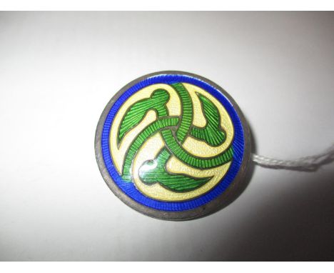 Alexander Ritchie, Iona Silver and Enamel Circular Brooch with Celtic Knot Design in Green, Yellow and Blue Enamel, Stamped A