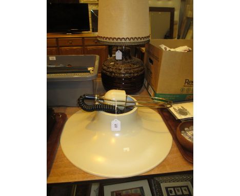 Mid 20th Century Pottery Table Lamp with Shade and Rise and Fall Ceiling Light