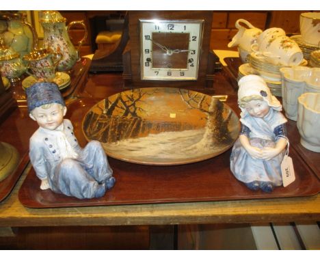 Pair of Heubach Bisque Porcelain Figures and a Hand Painted Pottery Plate