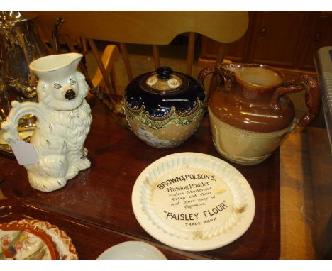 Royal Doulton Teapot and Hunting Scene Jug, Brown &amp; Polsons Shotbread Mould and a Staffordshire Pottery Spaniel Jug