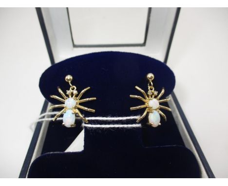 9ct Gold Opal and Diamond Spider Drop Earrings