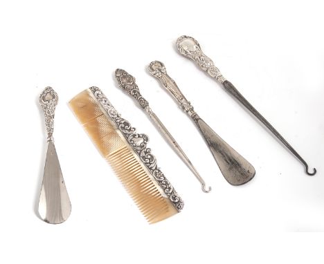 A SILVER COMB, SHOE HORNS, AND BUTTON HOOKS (VARIOUS HALL MARKS)