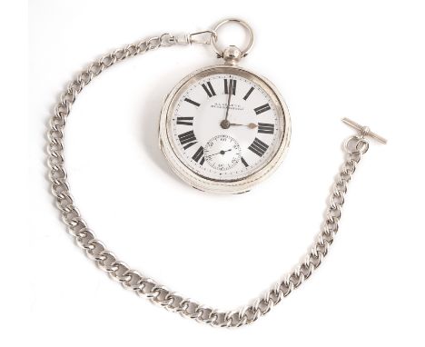 A SILVER POCKET WATCH AND CHAIN, CHESTER, 1935, WEIGHT 208G