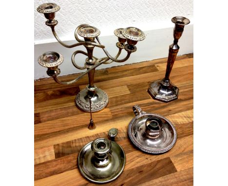 TWO PLATED CHAMBER CANDLE STICKS, CANDLEABRA AND SINGLE CANDLE STICK 