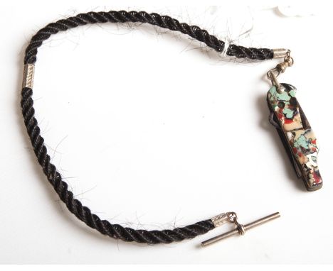 A HAIR AND YELLOW METTLE FOB CHAIN AND PEN KNIFE, LENGTH 39CM