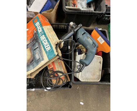 Two boxes of various tools to include a Black &amp; Decker drill