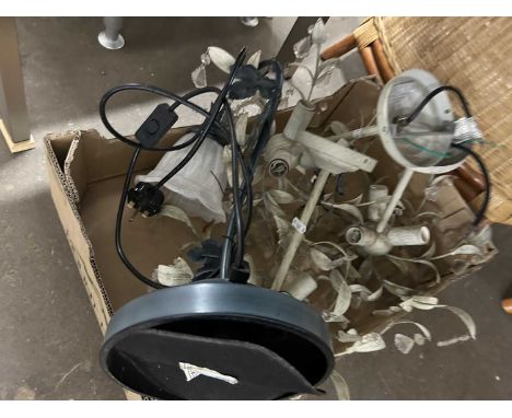 Box of various 20th Century ceiling lights, desk lamp etc