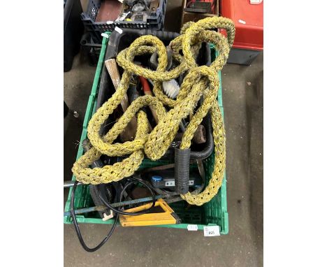 Box of various assorted tools, tow rope etc
