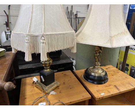 Table lamp with brass figural base together with a further table lamp with polished stone and brass base (2)