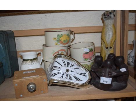 Mixed Lot: Dali clock, soup bowls, meerkat figure etc