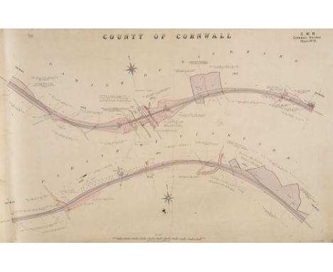 GREAT WESTERN RAILWAY : Cornwall Railway Two Chain Survey - 8 hand tinted linen backed maps, faux leather covers, 1006 x 700 