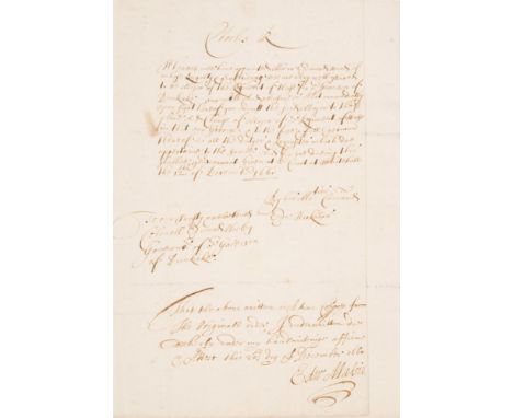 MASSIE, Sir Edward ... A manuscript commission believed to be in the hand of and signed by Sir Edward Massie: Folio with inte