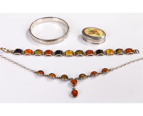 A silver bangle, engraved Fondest love Fred, Birmingham 1973, maker Rigby & Wilson, together with a silver necklace and brace