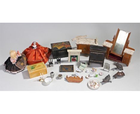 Dolls house furniture together with two vintage dolls, (Qty)