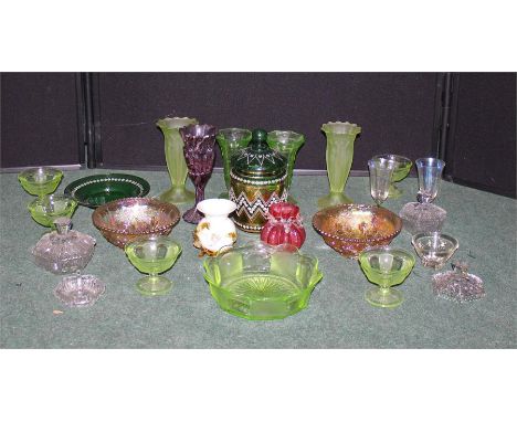 Mixed lot of clear and coloured glassware, vases, glasses, dishes, (Qty)