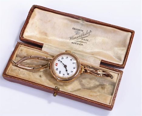 9 carat gold ladies wristwatch, white enamel dial with Arabic hour markers, case diameter 24 mm