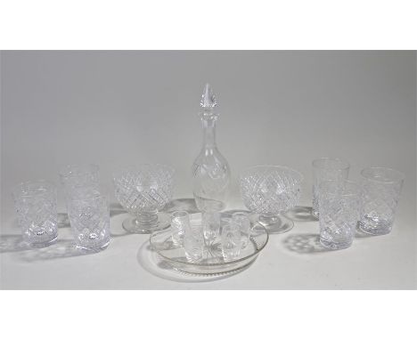 Cut glass items, decanter, tumblers, bowls, (Qty)