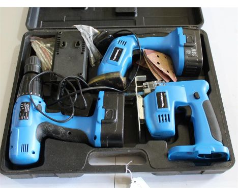Cased Powerbase jigsaw, sander, and power drill set 