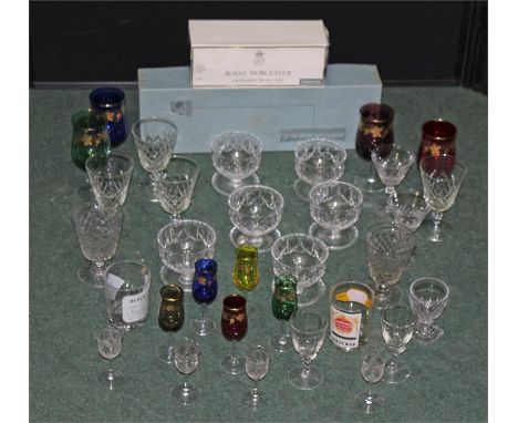 A mixed lot of mainly glassware, wine glasses, sherry glasses, etc, together with a set of Royal Worcester ramekins, (Qty)