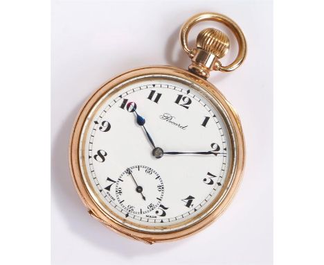 Record gold plated pocket watch, white enamel dial with Arabic hour markers and subsidiary second dial, case 50 mm in diamete