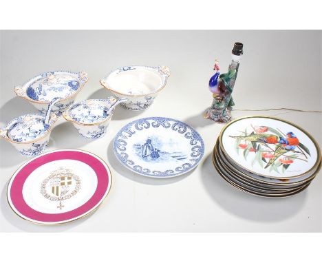 Table lamp in the form of  peacock and a Franz Mehlem Delft plate, to include a quantity of ceramics (qty) 